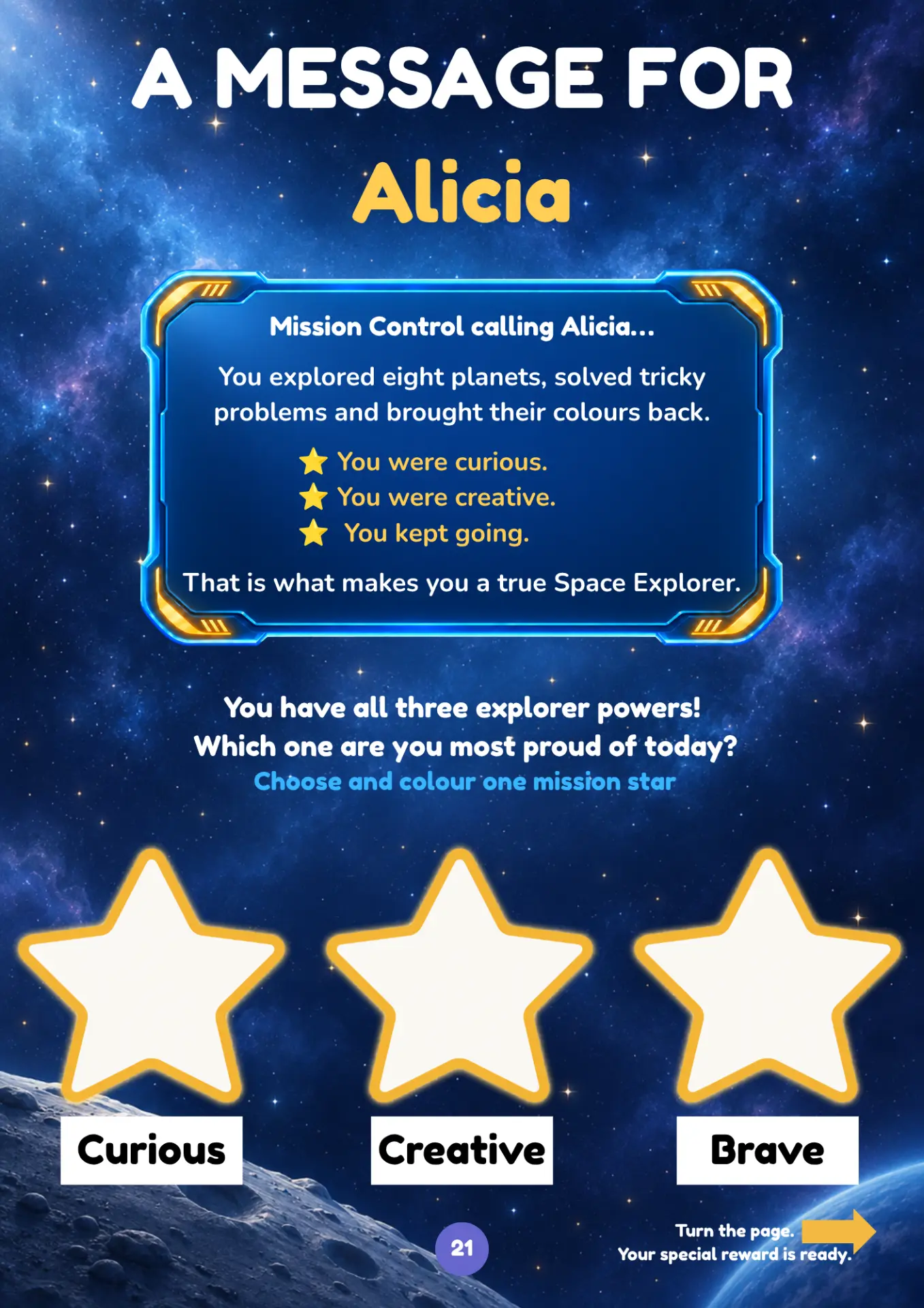 Book page: A message for Alicia from Mission Control, celebrating her curiosity, creativity and determination