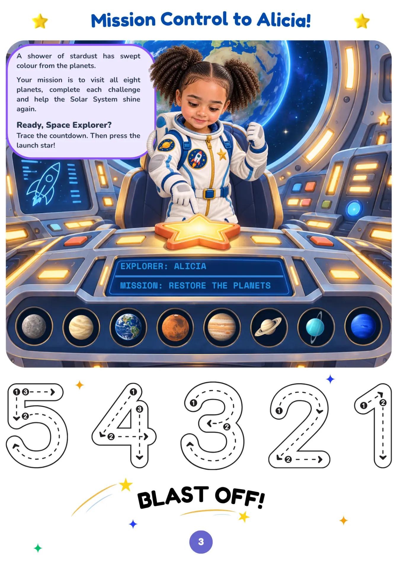Mission Control page showing Alicia aboard her spaceship, with the eight planets and a countdown activity